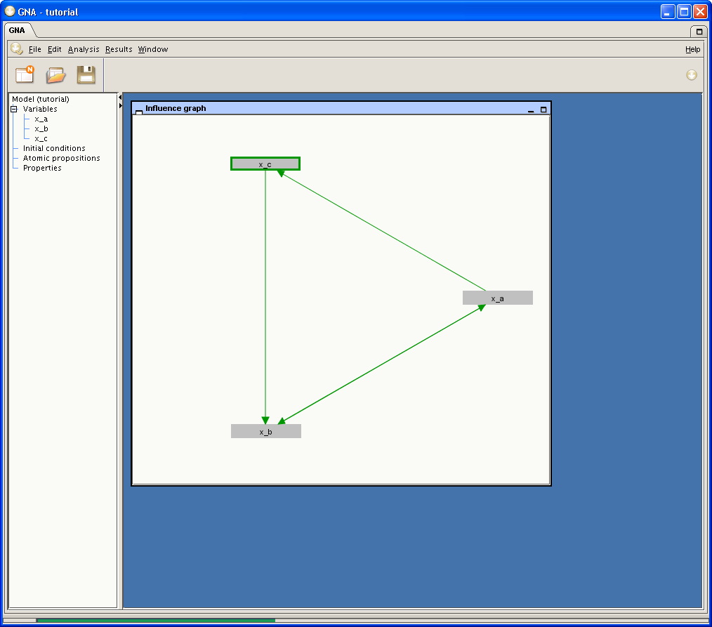 Project tree and Influence graph window after creation of state variables x_a, x_b, and x_c