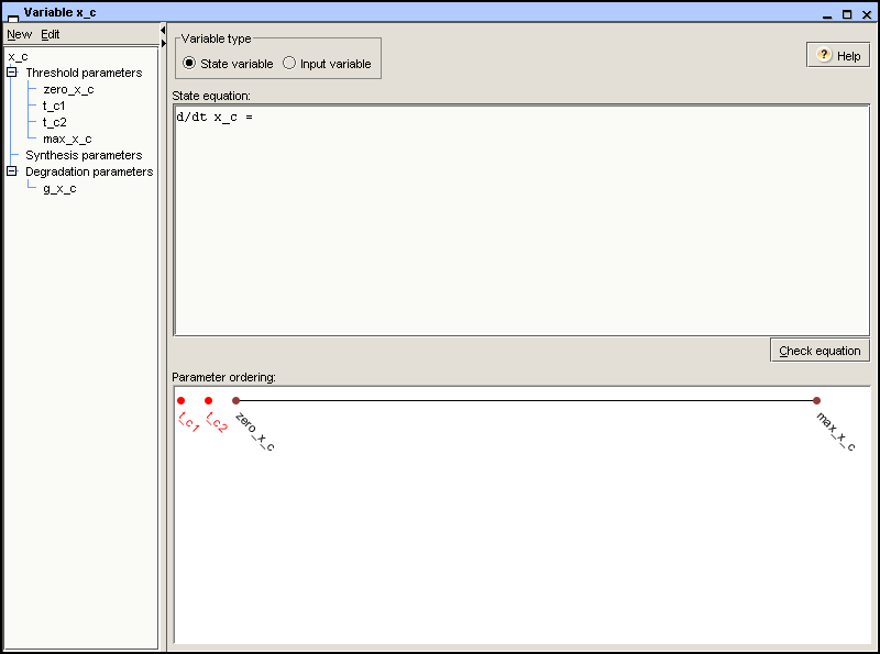 Variable window after creation of the parameters for the state variable x_c
