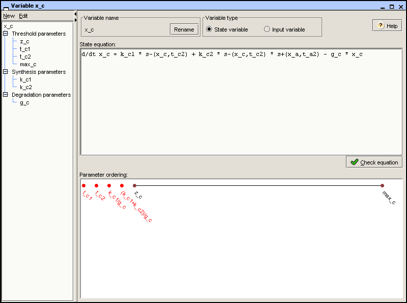 Variable window after definition of the state equation for the variable x_c