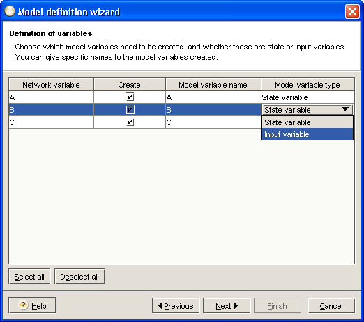 Wizard window for the definition of state and input variables
